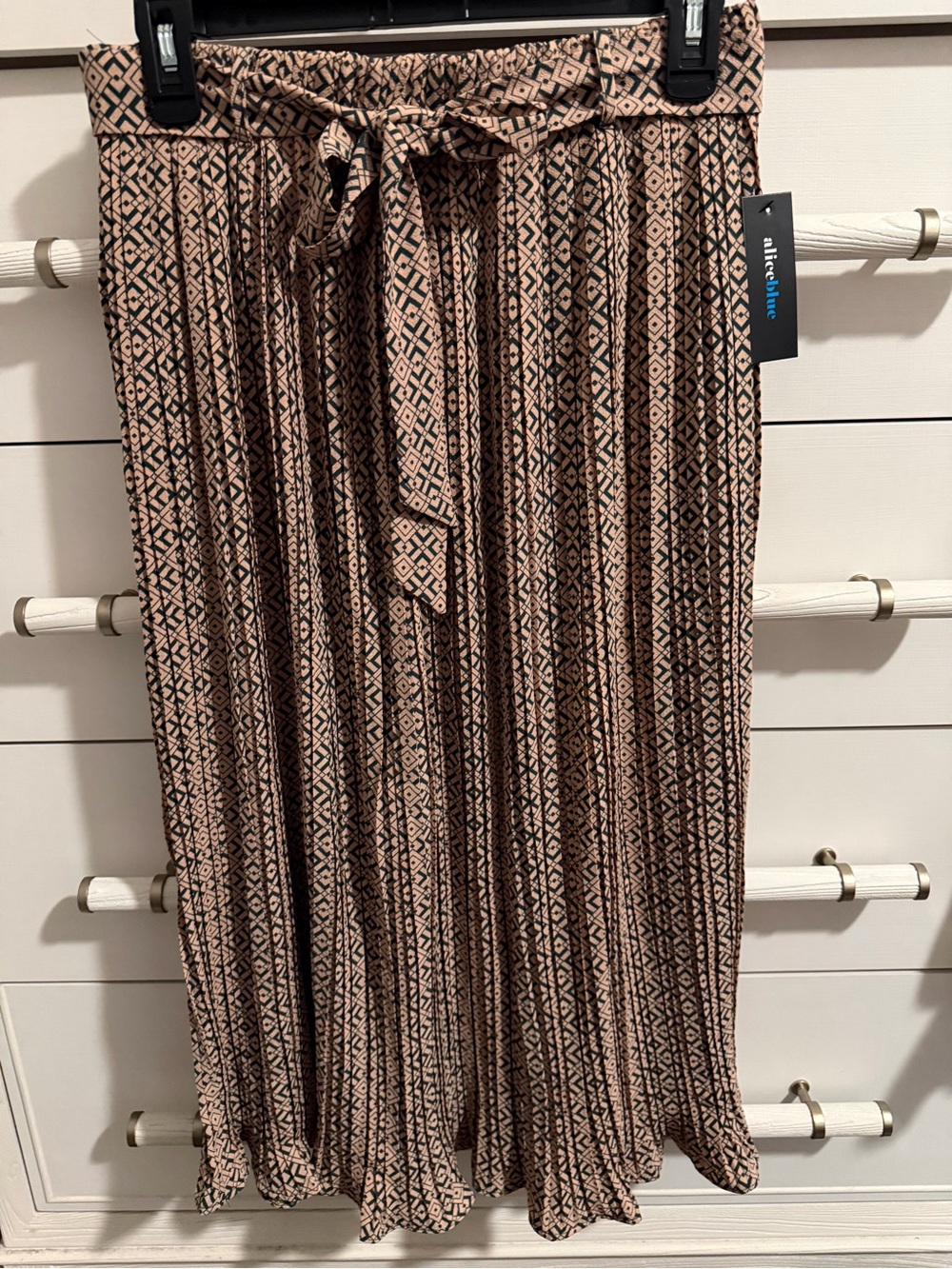 Alice Blue Blush and green Pleated Geometric Midi Skirt with Tie Waist